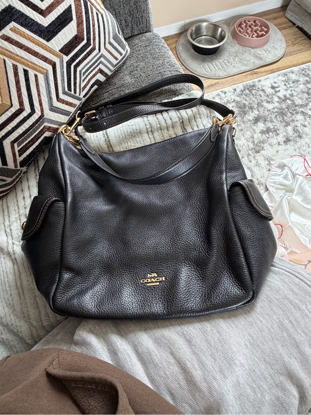 Coach Black Pebbled Leather Hobo Shoulder Bag with Gold Hardware